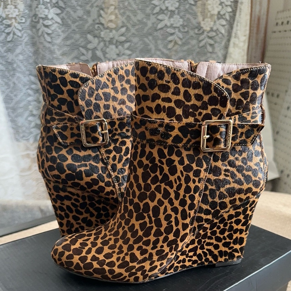 Vince Camuto Leopard Wedge Booties with Buckle